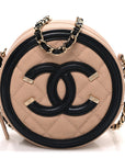 Caviar Quilted Round Filigree Crossbody Beige Black