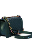 Iridescent Goatskin Quilted Medium Boy Flap Green