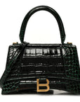Shiny Calfskin Crocodile Embossed Small Hourglass Top Handle Bag Forest Green