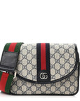 GG Supreme Monogram Textured Dollar Calfskin Web Studded Mini Ophidia Flap Shoulder Bag Beige Blue