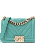 Caviar Chevron Quilted Small Boy Flap Green