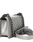 Metallic Caviar Chevron Quilted Small Boy Flap Silver