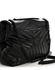 Calfskin Y Quilted Monogram Large Loulou Chain Satchel Black