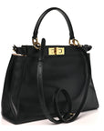 Vitello Morgan Shiny Nappa Medium Peekaboo Iconic Satchel Black Rosa Plaster