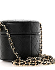 Lambskin Quilted Mini Round Vanity Case With Chain Black