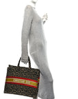 Canvas Velvet Embroidered Large Leopard Book Tote Tote Beige