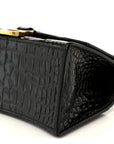 Shiny Calfskin Crocodile Embossed Small Hourglass Top Handle Bag Black