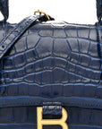 Shiny Calfskin Crocodile Embossed Small Hourglass Top Handle Bag Navy