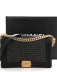 Lambskin Braided Woven Medium Boy Flap Navy Black