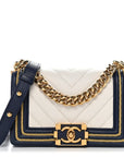 Calfskin Chevron Quilted Braided Small Boy Flap White Navy