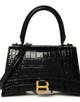 Shiny Calfskin Crocodile Embossed Small Hourglass Top Handle Bag Black