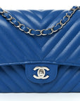 Caviar Chevron Quilted Medium Double Flap Blue