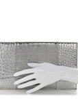 Metallic Calfskin Crocodile Embossed Hourglass Flap Flat Pouch Silver