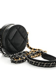Shiny Goatskin Quilted CHNL 19 Round Clutch With Chain Black