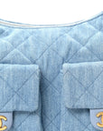 Washed Denim Quilted Large Trendy Pockets Hobo Blue