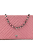 Lambskin Quilted CC Crossing Wallet On Chain WOC Pink