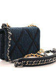 Denim Quilted CHNL 19 Flap Phone Holder With Chain Blue