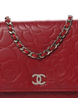 Lambskin Camellia Embossed Wallet on Chain WOC Red