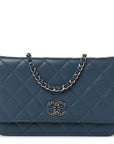 Shiny Caviar Quilted Enamel CC Wallet On Chain WOC Blue