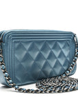 Metallic Caviar Quilted Small Boy Clutch With Chain Turquoise