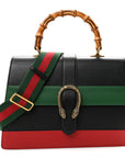 Calfskin Bamboo Web Large Dionysus Top Handle Bag Black Bright Evergreen Hibiscus Red
