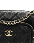 Shiny Crumpled Lambskin Quilted Small Preppy Pocket Camera Case Black