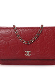 Lambskin Camellia Embossed Wallet on Chain WOC Red