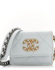 Lambskin Quilted CHNL 19 Flap Card Holder With Chain Light Blue