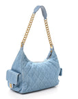 Washed Denim Quilted Large Trendy Pockets Hobo Blue