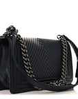 Calfskin Chevron Quilted Medium Chain Boy Flap Black