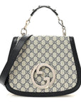 GG Supreme Monogram Textured Dollar Calfskin Web Medium Blondie Top Handle Shoulder Flap Bag Beige Blue