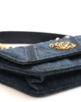 Denim Quilted CHNL 19 Flap Phone Holder With Chain Blue