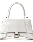 Shiny Calfskin Crocodile Embossed Small Hourglass Top Handle Bag White