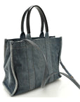 Washed Frayed Denim Logo Medium Hardware Tote Blue