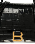 Shiny Calfskin Crocodile Embossed Small Hourglass Top Handle Bag Black