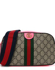 GG Supreme Monogram Textured Dollar Calfskin Web Ophidia Small Crossbody Bag Beige Ebony Fuchsia