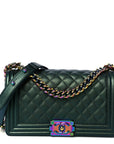 Iridescent Goatskin Quilted Medium Boy Flap Green