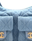 Washed Denim Quilted Large Trendy Pockets Hobo Blue