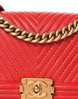 Lambskin Chevron Chain Stitched Medium Boy Flap Red