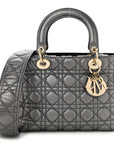 Metallic Grained Calfskin Cannage Medium Supple Lady D1OR Steel