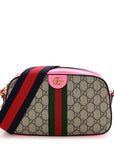 GG Supreme Monogram Textured Dollar Calfskin Web Ophidia Small Crossbody Bag Beige Ebony Fuchsia