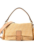 Fabric Jacquard Raffia Straw Fringe Medium Mamma Baguette Beige