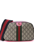 GG Supreme Monogram Textured Dollar Calfskin Web Ophidia Small Crossbody Bag Beige Ebony Fuchsia