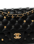Lambskin Quilted Studded Medium Double Flap Black