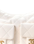 Shiny Lambskin Quilted Trendy Pockets Hobo White