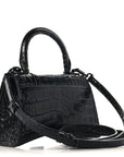 Shiny Calfskin Monochrome Crocodile Embossed Small Hourglass Top Handle Bag Black