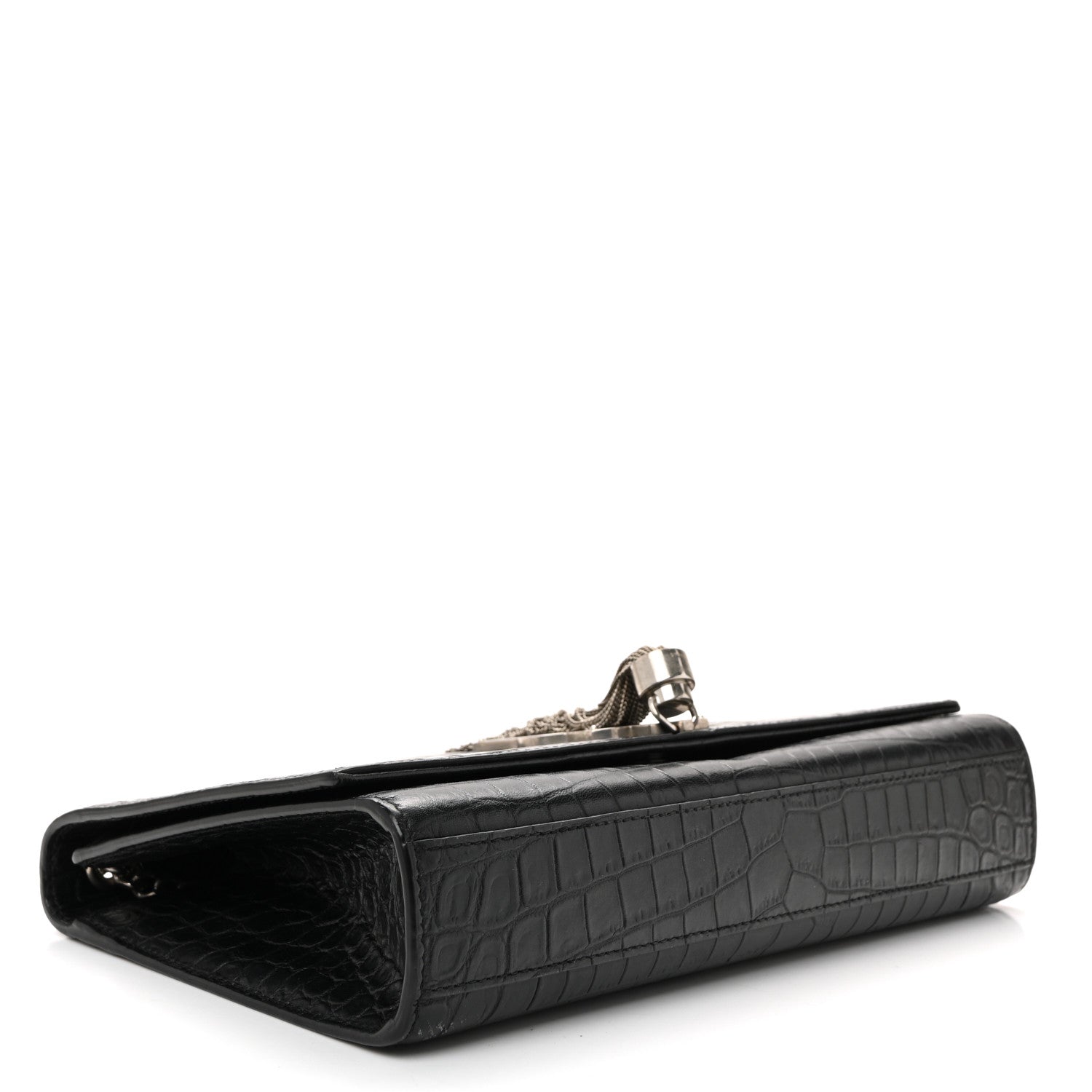 Calfskin Crocodile Embossed Medium Classic Monogram Kate Tassel Satchel Black