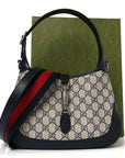 GG Supreme Monogram Textured Dollar Calfskin Web Small Jackie 1961 Hobo Beige Blue