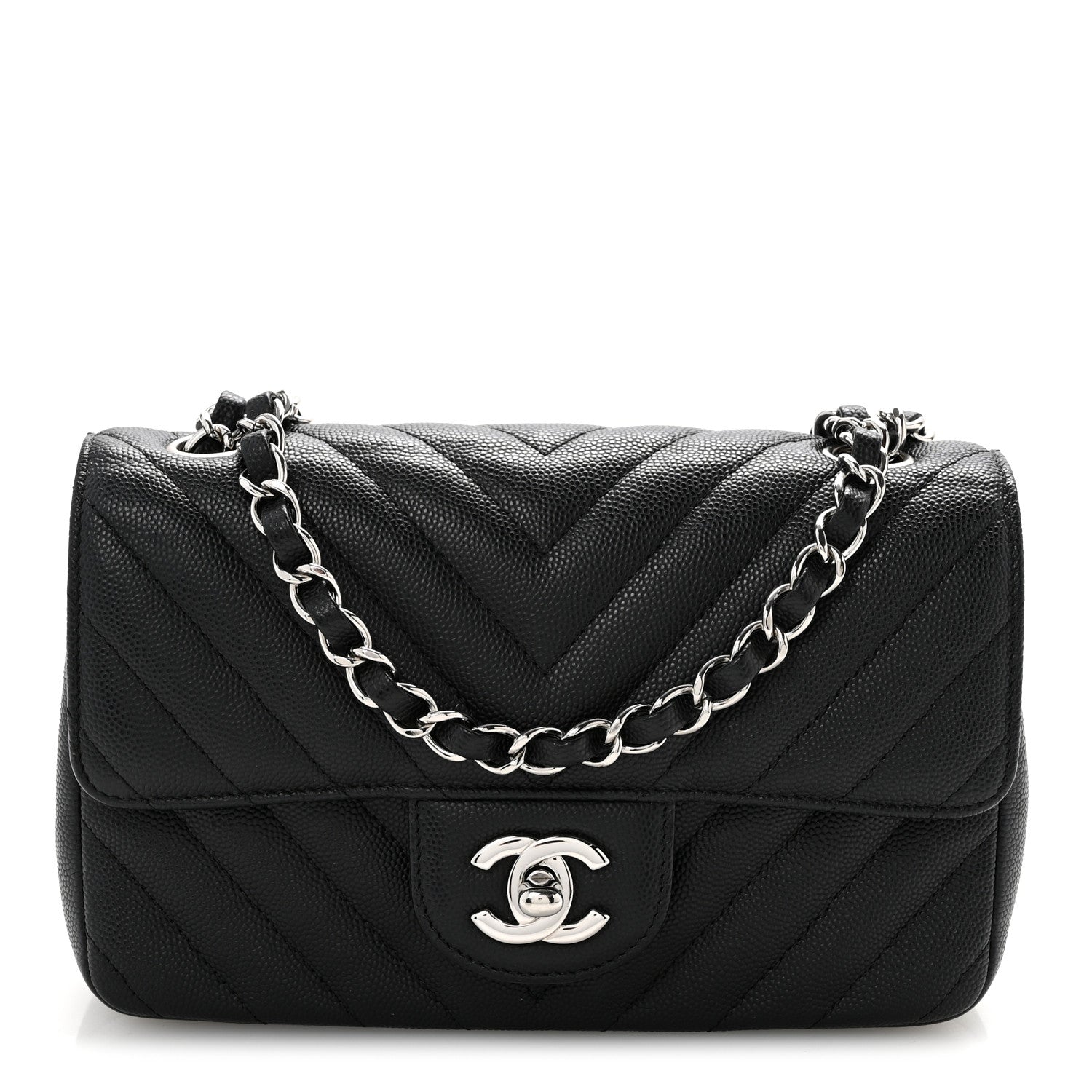 Caviar Chevron Quilted Mini Rectangular Flap Black