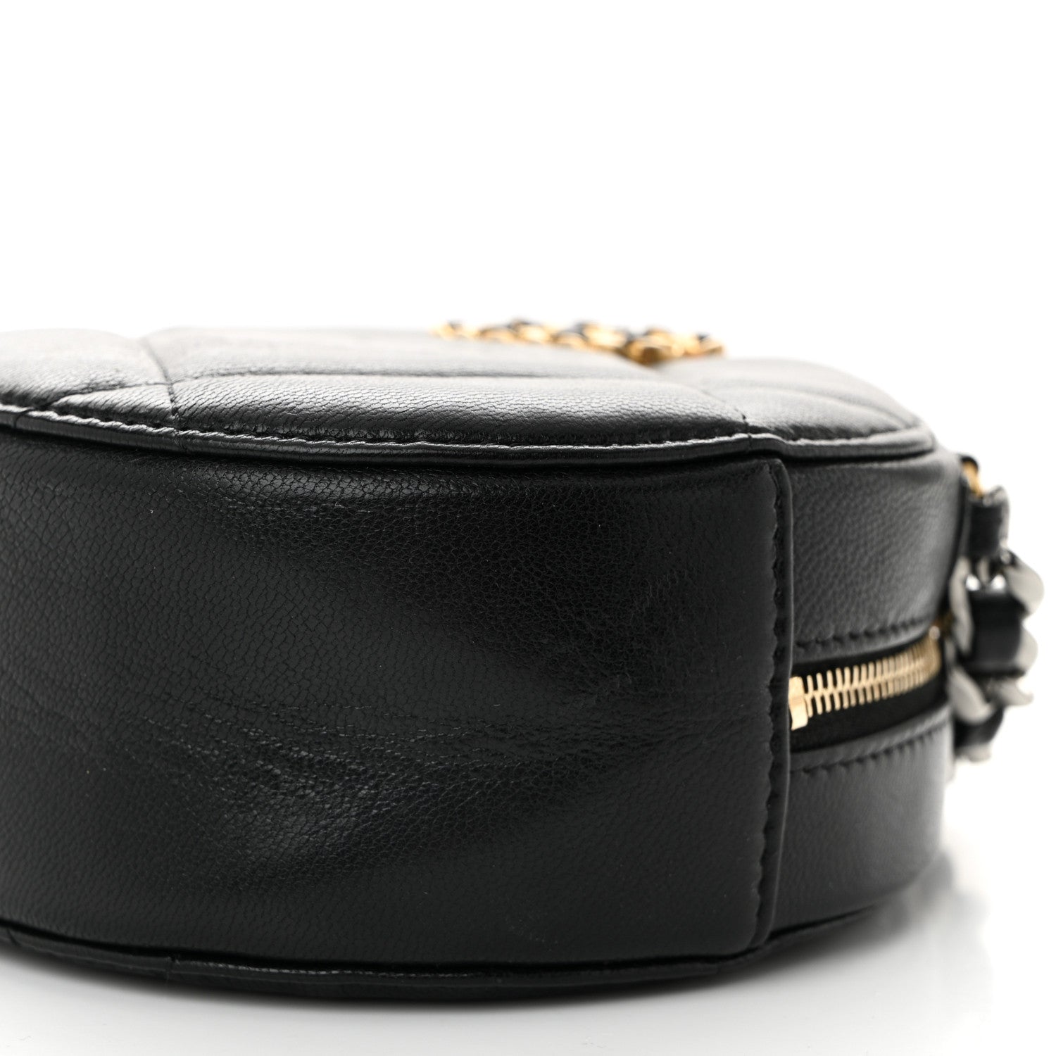 Shiny Goatskin Quilted CHNL 19 Round Clutch With Chain Black